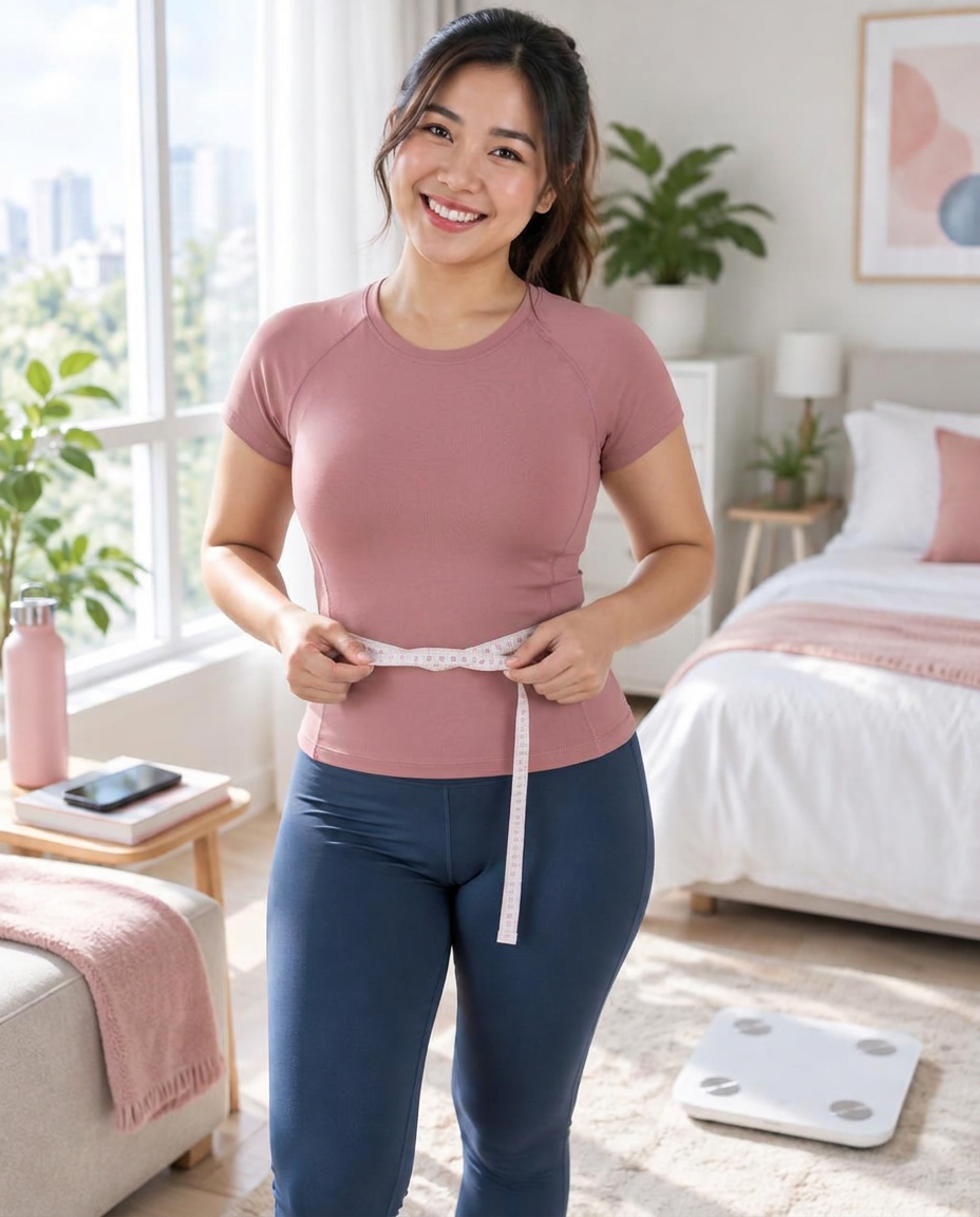 Perempuan tersenyum mengukur lingkar pinggang saat melakukan screening berat badan di rumah